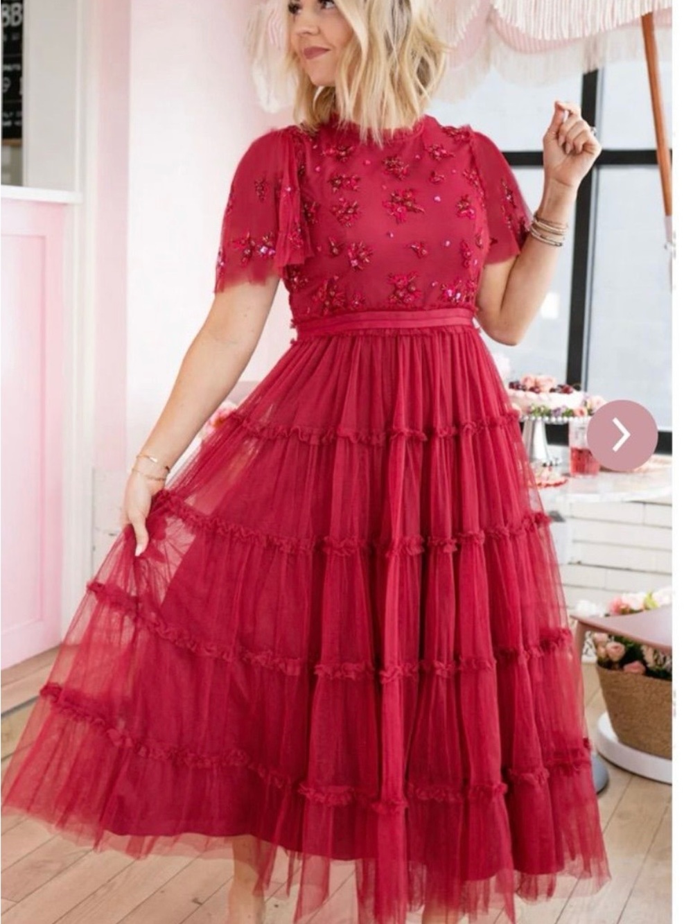 Ivy City Co Red Tiered Tulle Maxi Dress with Embroidered Bodice